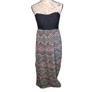 No Boundaries‎ Strapless Maxi Dress XXL 2X Black Lace Top Boho Aztec Print